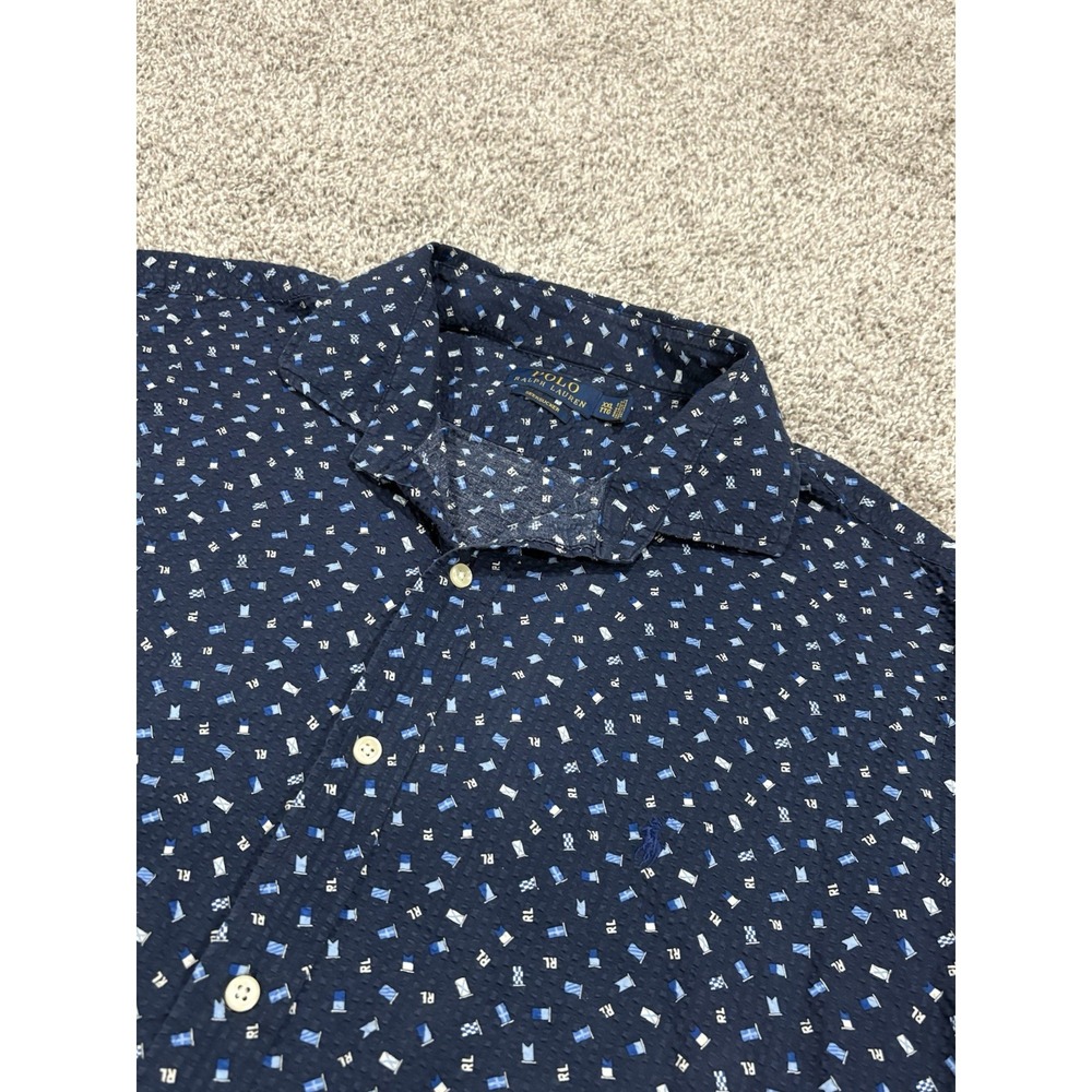 Polo Ralph Lauren Shirt Mens Medium Navy Seersucker Nautical Flags Short Sleeve